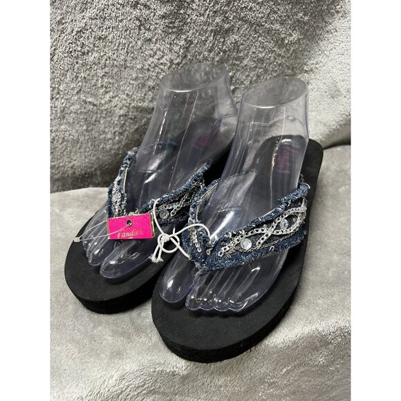 Vtg CANDIE’S Women’s Size 9/10 Blue Denim Black Platform Thong Style Flip Flops - Picture 1 of 6